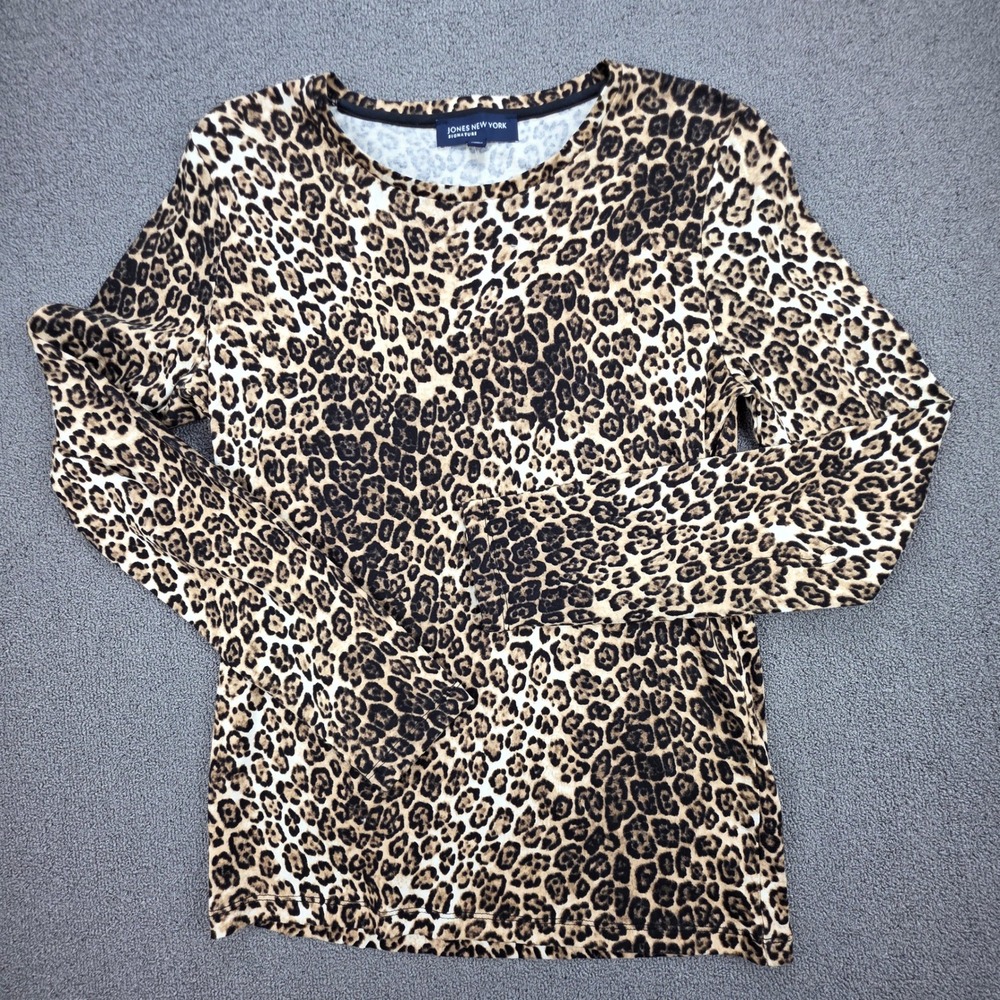 Jones New York Signature Leopard Print Top Women‎ Brown Animal Long Sleeve Large